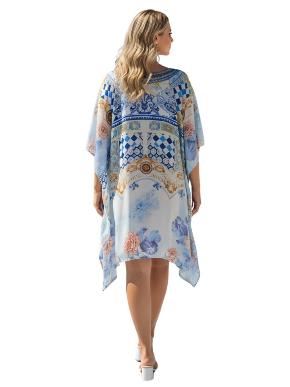 Women’s Plus Size Light Blue Ornate Print Satin Silk Tunic 1X-3X Dress for Woman - Picture 2 of 5